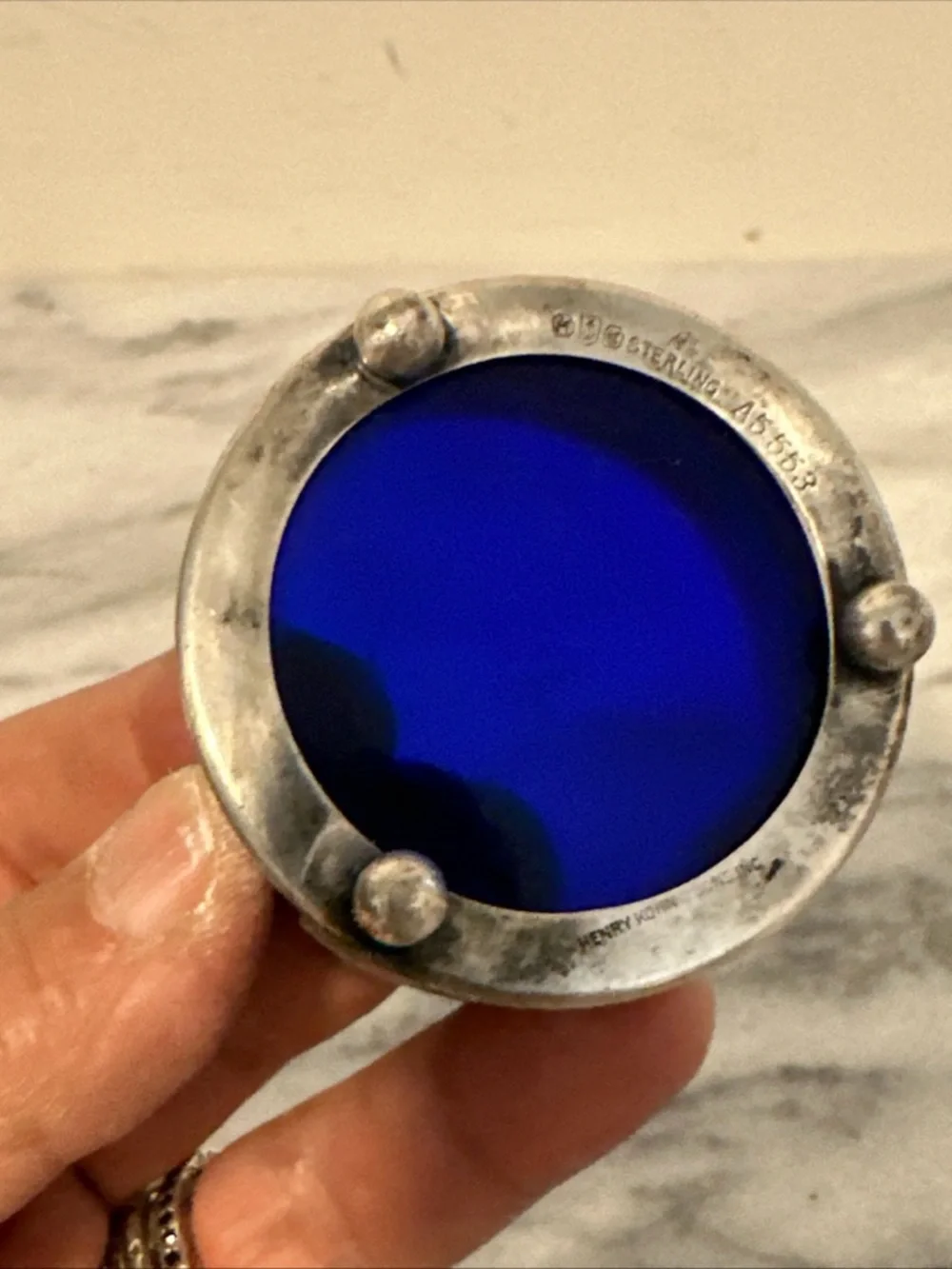 Antique sterling silver with cobalt blue glass insert salt cellar